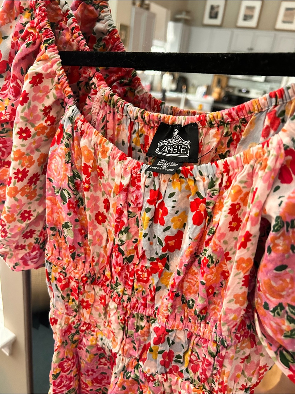 Angie Pink & Red Floral Puff-Sleeve Mini Dress Medium - Picture 4 of 4